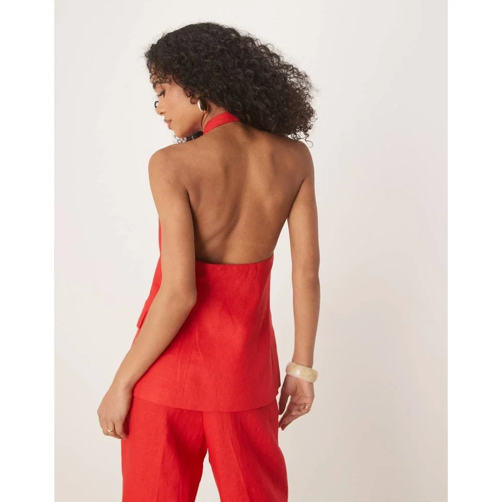 MNG Red Linen Button‎ Front Halter Vest Top Women's XS New With Tags